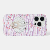 Roze Bloem Paarse Strepen Schelp Parel iPhone Hoesje (Achterkant horizontaal)
