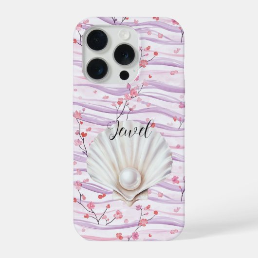 Roze Bloem Paarse Strepen Schelp Parel iPhone Hoesje (Achterkant)