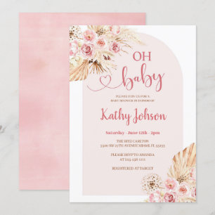 Roze Bloem Pampas Grass Boho Oh Baby shower Kaart
