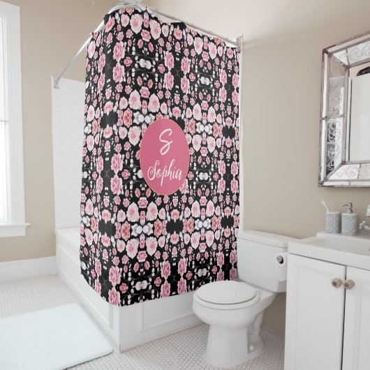 roze bloem patroon | Aangepast monogram Douchegordijn (In situ)