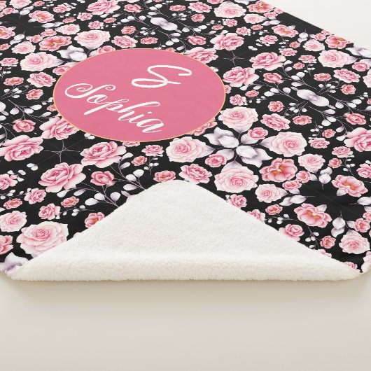 roze bloem patroon | Aangepast monogram Sherpa Deken (3/4)