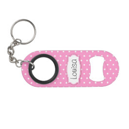 Roze bloem polka stippen naam flesopener mini flessenopener