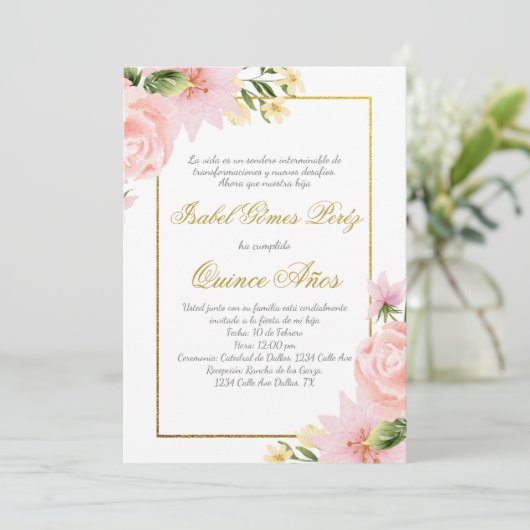 Roze bloem Quince uitnodiging in het Spaans (Staand voorkant)