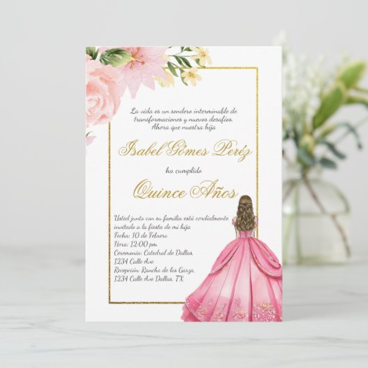 Roze bloem Quince uitnodiging in het Spaans (Staand voorkant)