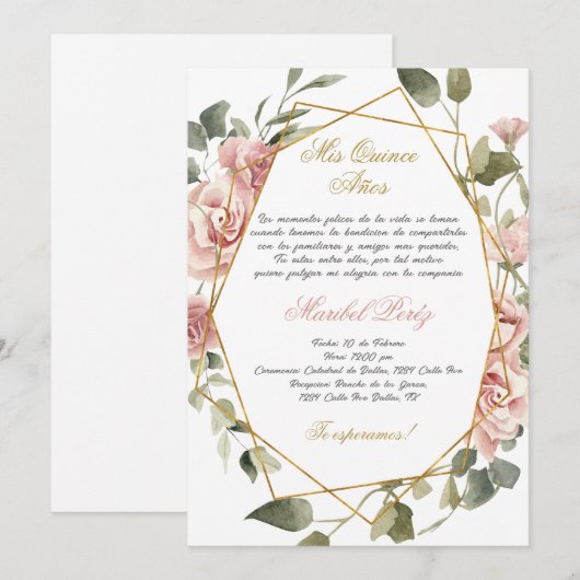 Roze bloem Quinceanera uitnodiging (Voorkant / Achterkant)