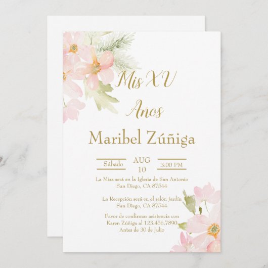 Roze bloem Quinceanera uitnodiging (Voorkant / Achterkant)