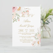 Roze bloem Quinceanera uitnodiging (Staand voorkant)