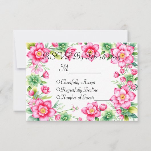 Roze Bloem Responskaart zonder Maaltijd Opties RSVP Kaartje (Voorkant)