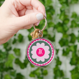 Roze Bloem Ronde Metalen Sleutelhanger