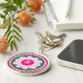 Roze Bloem Ronde Metalen Sleutelhanger (Zijkant)