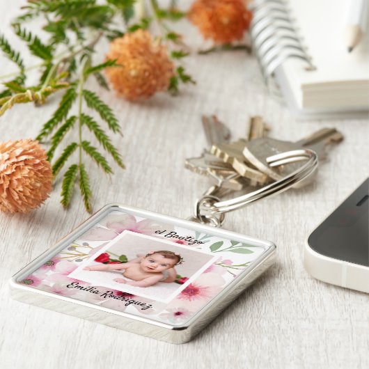 Roze Bloem Roos FOTO DOOP Doopfeest Meisjes Naam Sleutelhanger (Zijkant)