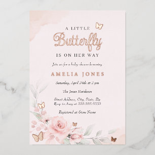 Roze bloem roos vlinder baby shower folie uitnodiging