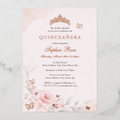 Roze Bloem Roos Vlinder Quinceanera 15e Folie Uitnodiging (Voorkant)