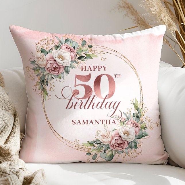 Roze Bloem Roze Goud 50e Verjaardag Kussen  (Blush Pink Floral Rose Gold 50th Birthday Pillow Gift)