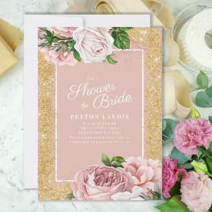 Roze Bloem Roze Goud Glitter Bruiloft Feest Kaart
