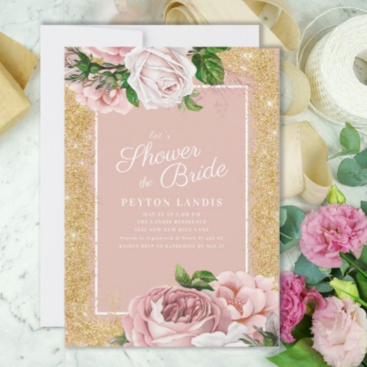 Roze Bloem Roze Goud Glitter Bruiloft Feest Kaart