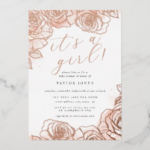 Roze Bloem Roze Goud Het is een Meisje Baby Shower Folie Uitnodiging