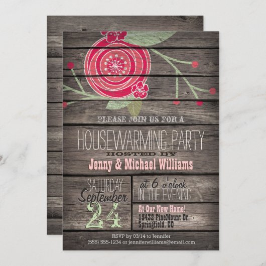 Roze Bloem Rustiek Country Wood Housewarming Party Kaart (Voorkant / Achterkant)