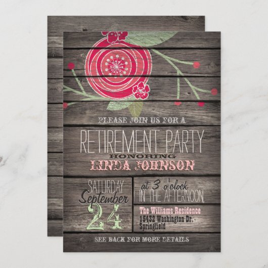 Roze Bloem, Rustieke Country Wood Pensioen Partij Kaart (Voorkant / Achterkant)