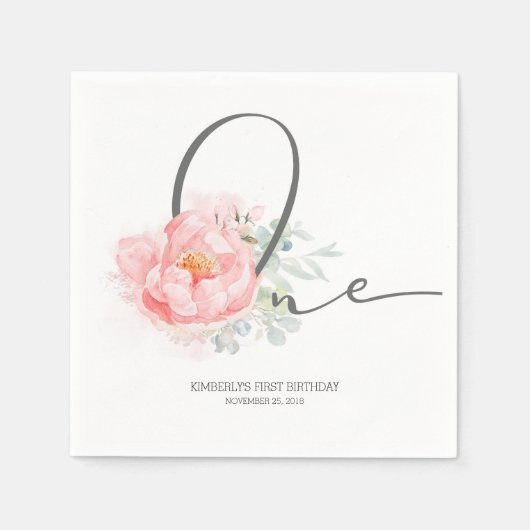 Roze Bloem Schattige 1e Verjaardag Party Servetten (Voorkant)