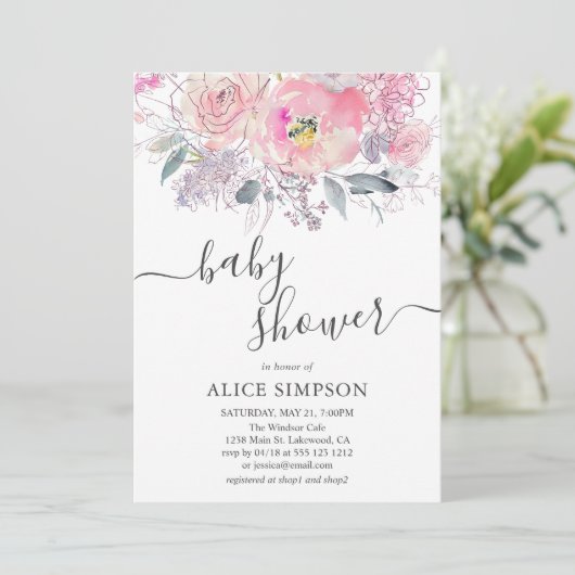Roze Bloem Script Meisje Baby shower Kaart (Staand voorkant)