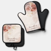 Roze Bloem Script Terracotta gepersonaliseerd Ovenwant & Pannenlap Set (Voorkant / Achterkant)