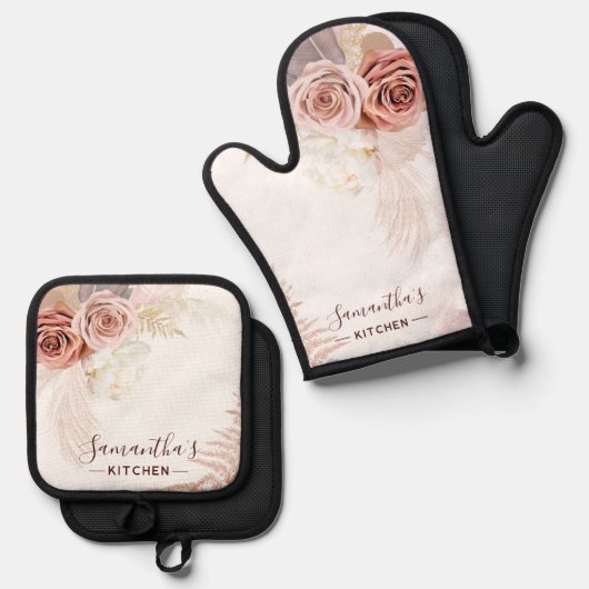 Roze Bloem Script Terracotta gepersonaliseerd Ovenwant & Pannenlap Set (Voorkant / Achterkant)