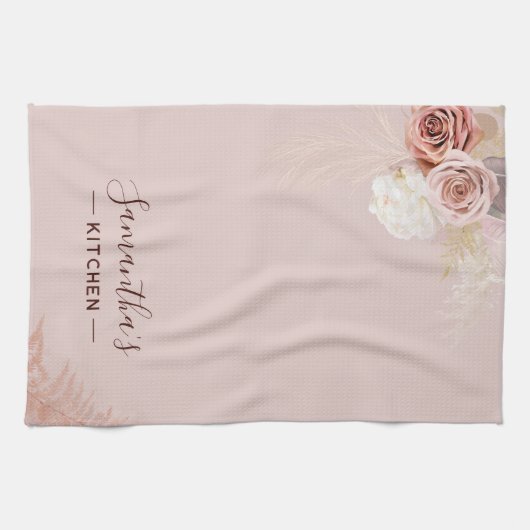 Roze Bloem Script Terracotta gepersonaliseerd Theedoek (Horizontaal)