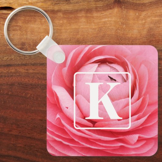 Roze Bloem Sleutelhanger met Monogram (Voorkant)