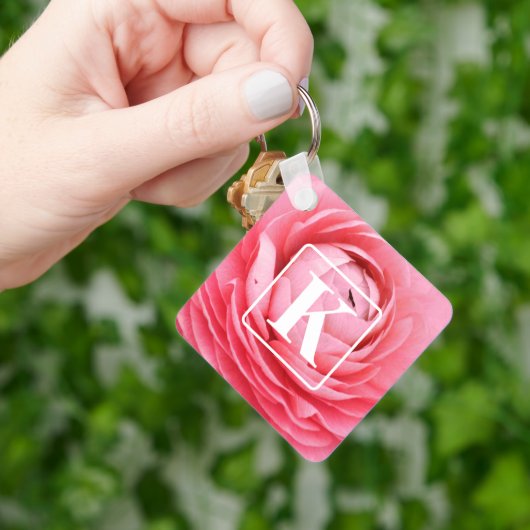 Roze Bloem Sleutelhanger met Monogram (Hand)