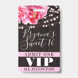 Roze bloem slingerlampen Sweet 16 VIP pas Badge
