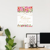 Roze bloem slingerlichten Witte trouw huwelijks we Poster (Thuiskantoor)