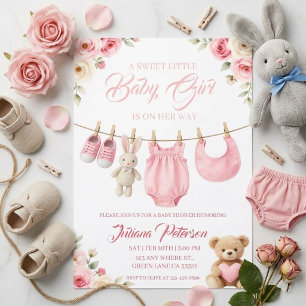 Roze Bloem Teddybeer Baby Meisje Shower Uitnodigin Kaart