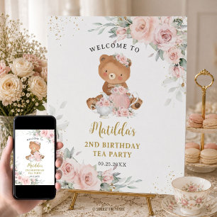 Roze bloem teddybeer theepartij verjaardag poster