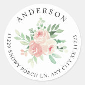 Roze bloem terugkeeradres ronde sticker (Voorkant)