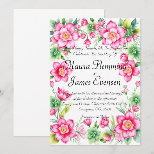 Roze Bloem Uitnodiging (Voorkant / Achterkant)