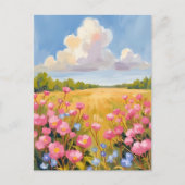 Roze Bloem Veld Landschap Schilderij Briefkaart (Voorkant)