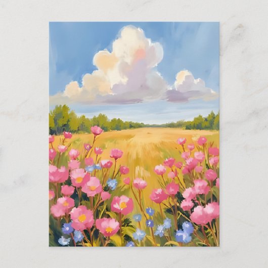 Roze Bloem Veld Landschap Schilderij Briefkaart (Voorkant)