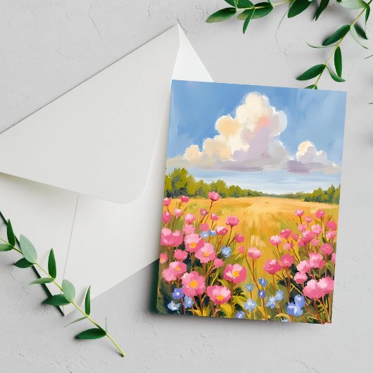 Roze Bloem Veld Landschap Schilderij Briefkaart