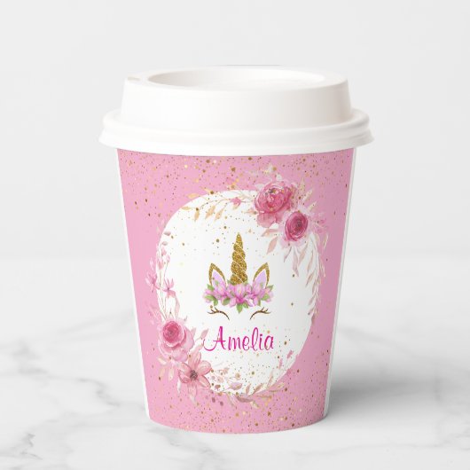 Roze bloem| Verjaardagsfeest met eenhoorn Papieren Bekers (Achterkant)