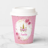 Roze bloem| Verjaardagsfeest met eenhoorn Papieren Bekers (Voorkant)