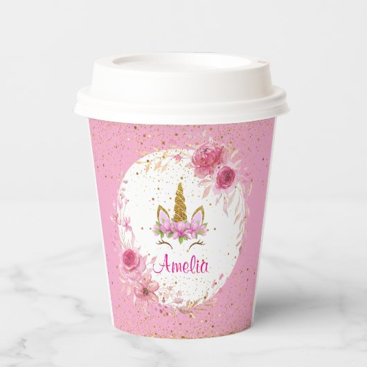 Roze bloem| Verjaardagsfeest met eenhoorn Papieren Bekers (Voorkant)