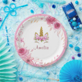 Roze bloem| Verjaardagsfeest met eenhoorn Papieren Bordje (Feest)