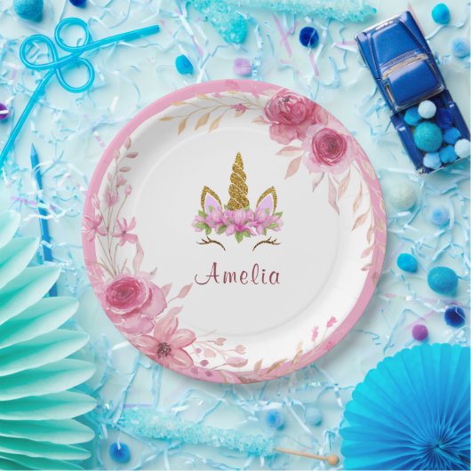 Roze bloem| Verjaardagsfeest met eenhoorn Papieren Bordje (Feest)