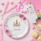 Roze bloem| Verjaardagsfeest met eenhoorn Papieren Bordje (Feest)