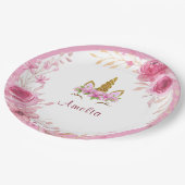 Roze bloem| Verjaardagsfeest met eenhoorn Papieren Bordje (Gekanteld)