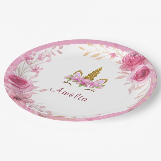 Roze bloem| Verjaardagsfeest met eenhoorn Papieren Bordje (Gekanteld)