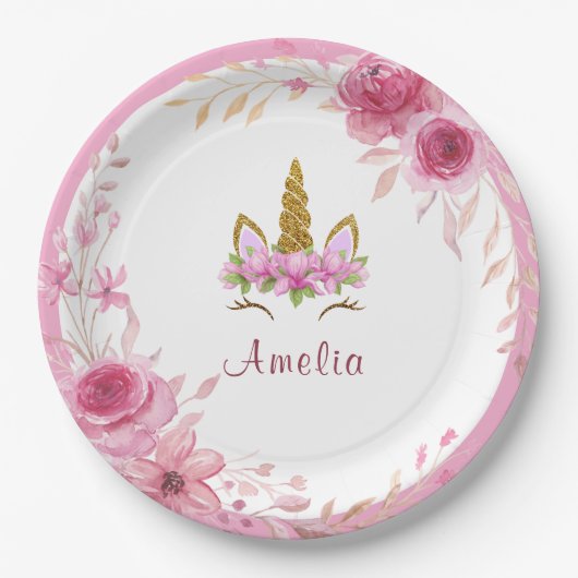 Roze bloem| Verjaardagsfeest met eenhoorn Papieren Bordje (Voorkant)