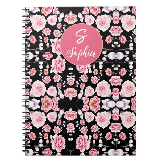 roze bloem vintage patroon | Aangepaste monogram Notitieboek (Voorkant)