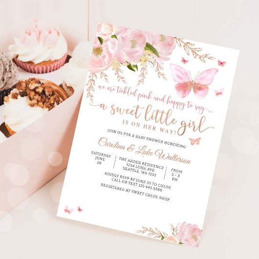 Roze bloem vlinder babyshower uitnodiging